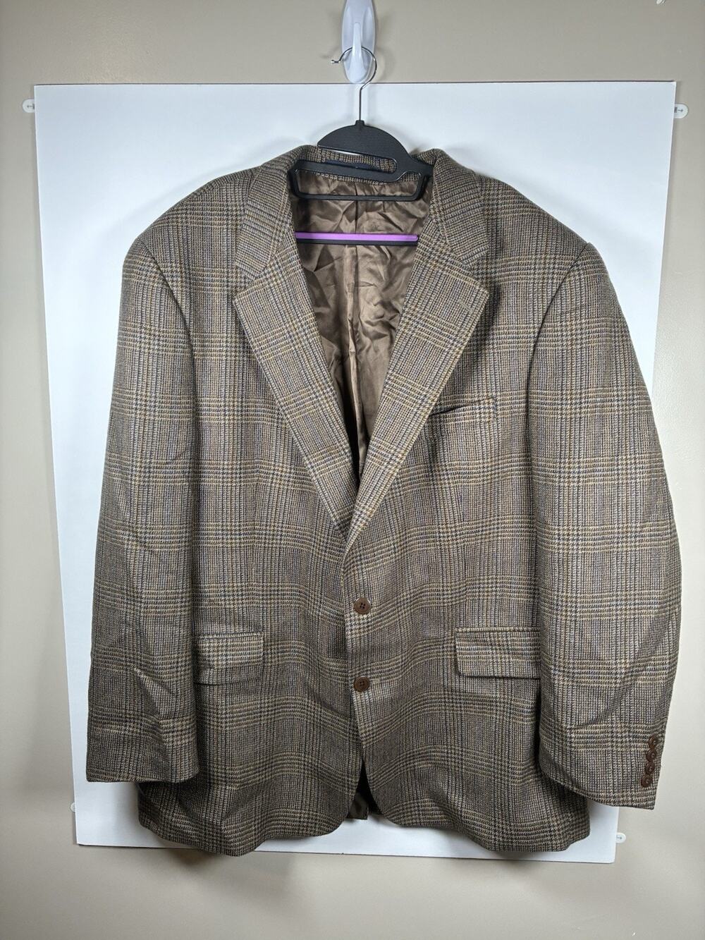 Chaps Ralph Lauren Mens 50R Wool Blazer Brown Plaid Tweed Sport Coat Preppy Vtg